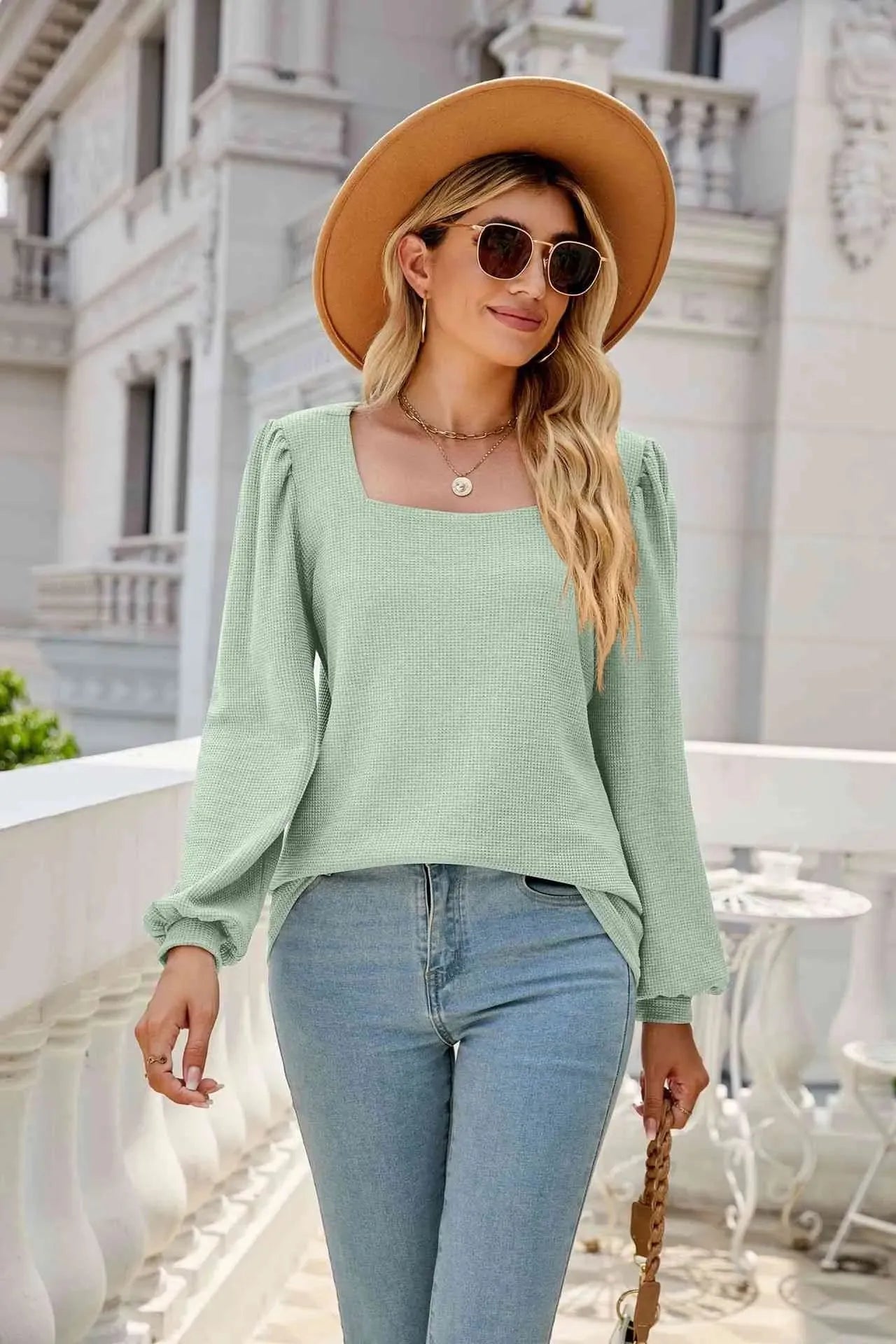 Waffle-Knit Puff Sleeve Square Neck Top Blouses - Tophatter Daily Deals