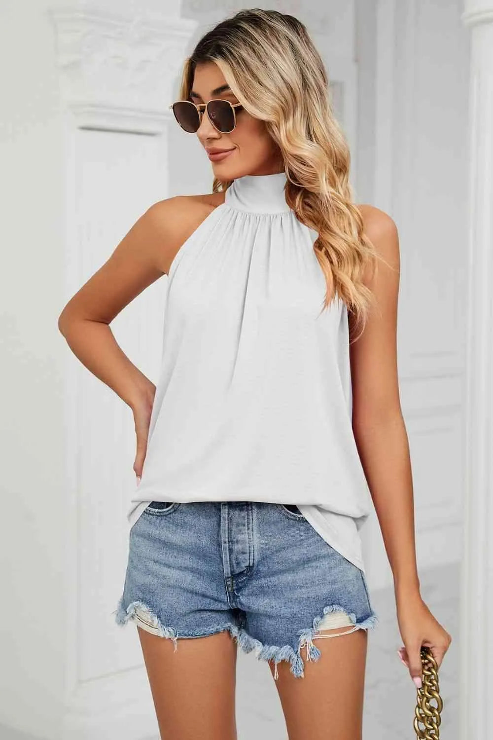 Gathered Detail Tied Sleeveless Top White Blouses - Tophatter Daily Deals