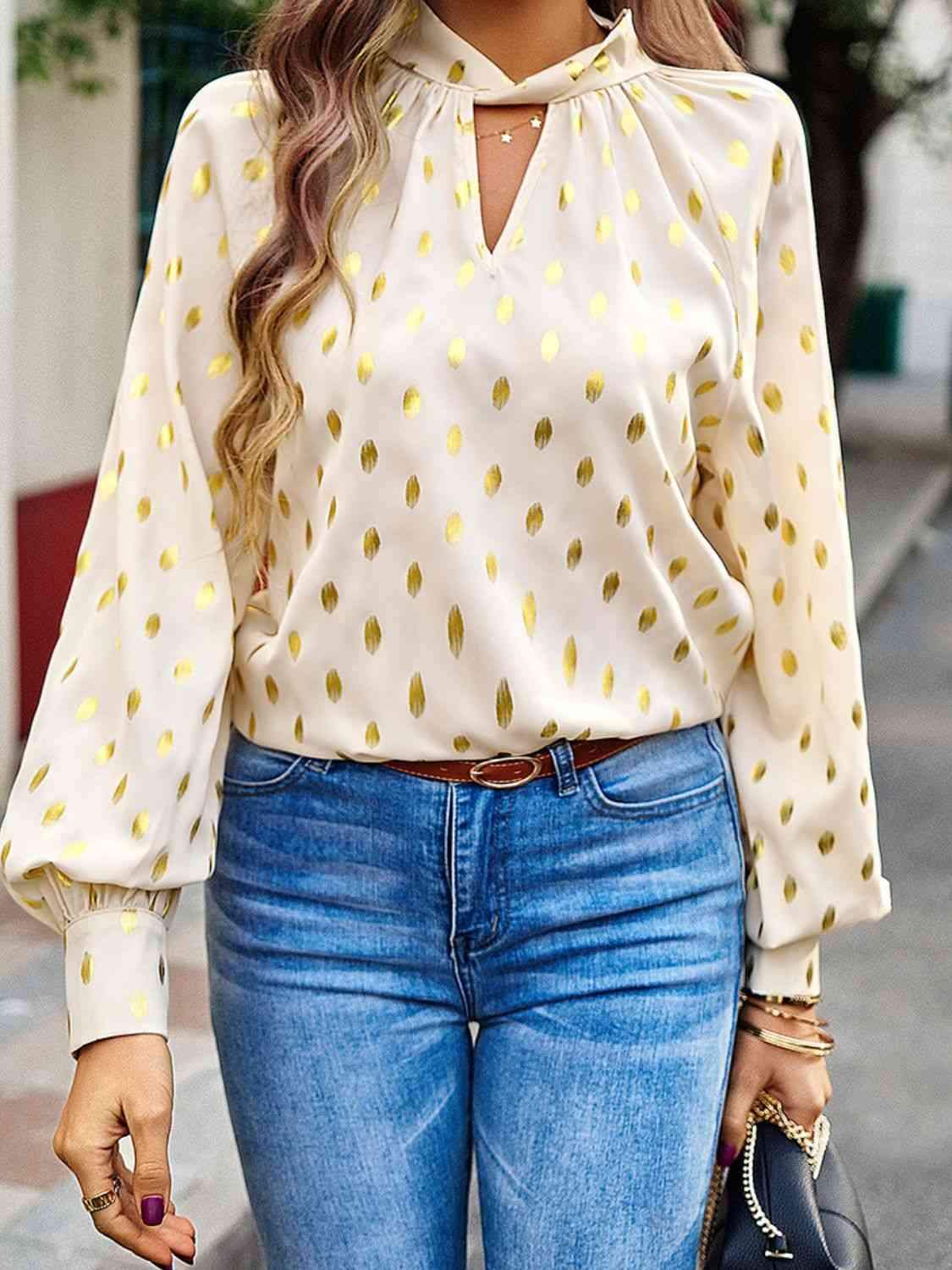 Mock Neck Cutout Lantern Sleeve Blouse Ivory Blouses - Tophatter Daily Deals