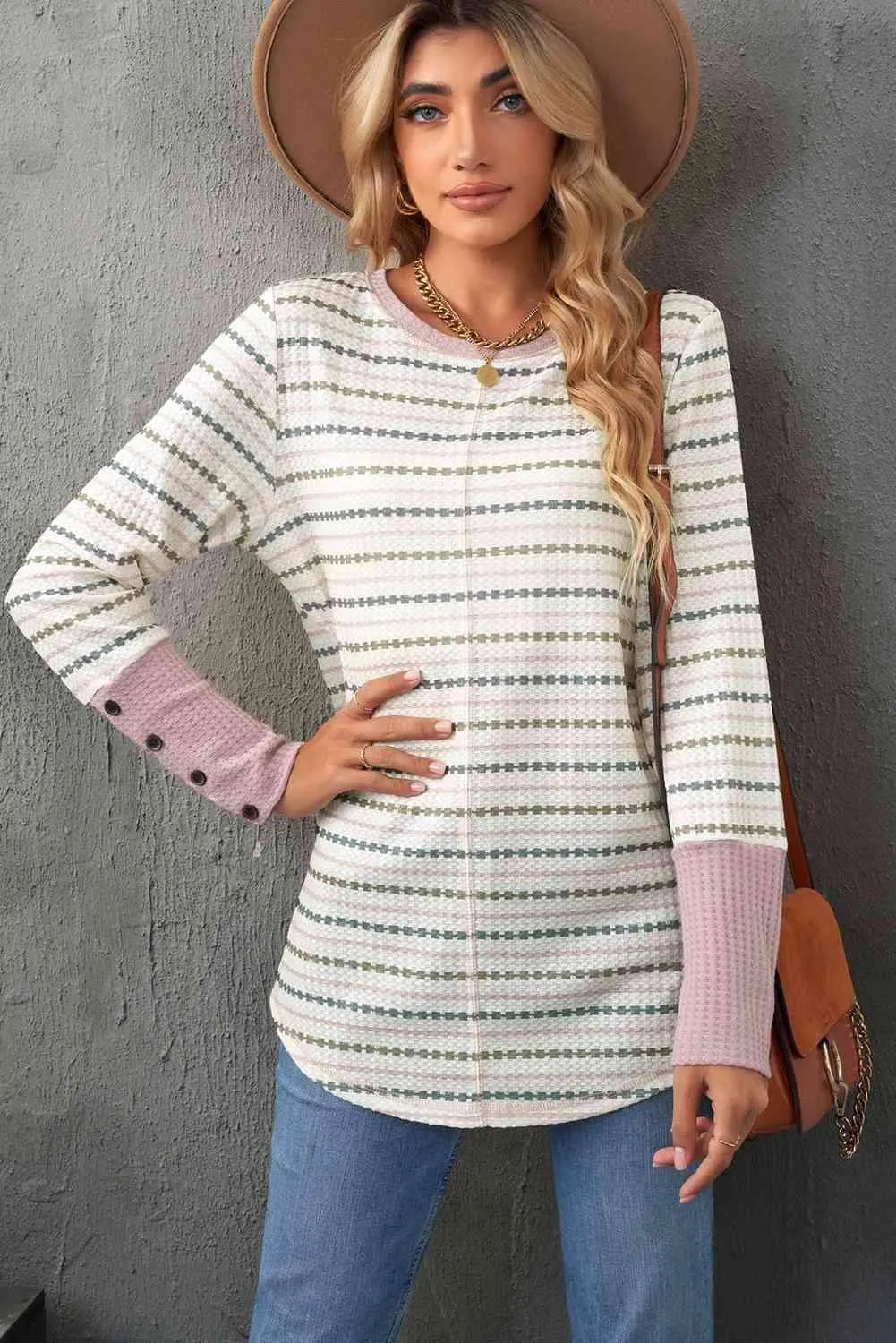 Printed Waffle-Knit Buttoned Cuff Top Blouses - Tophatter Daily Deals