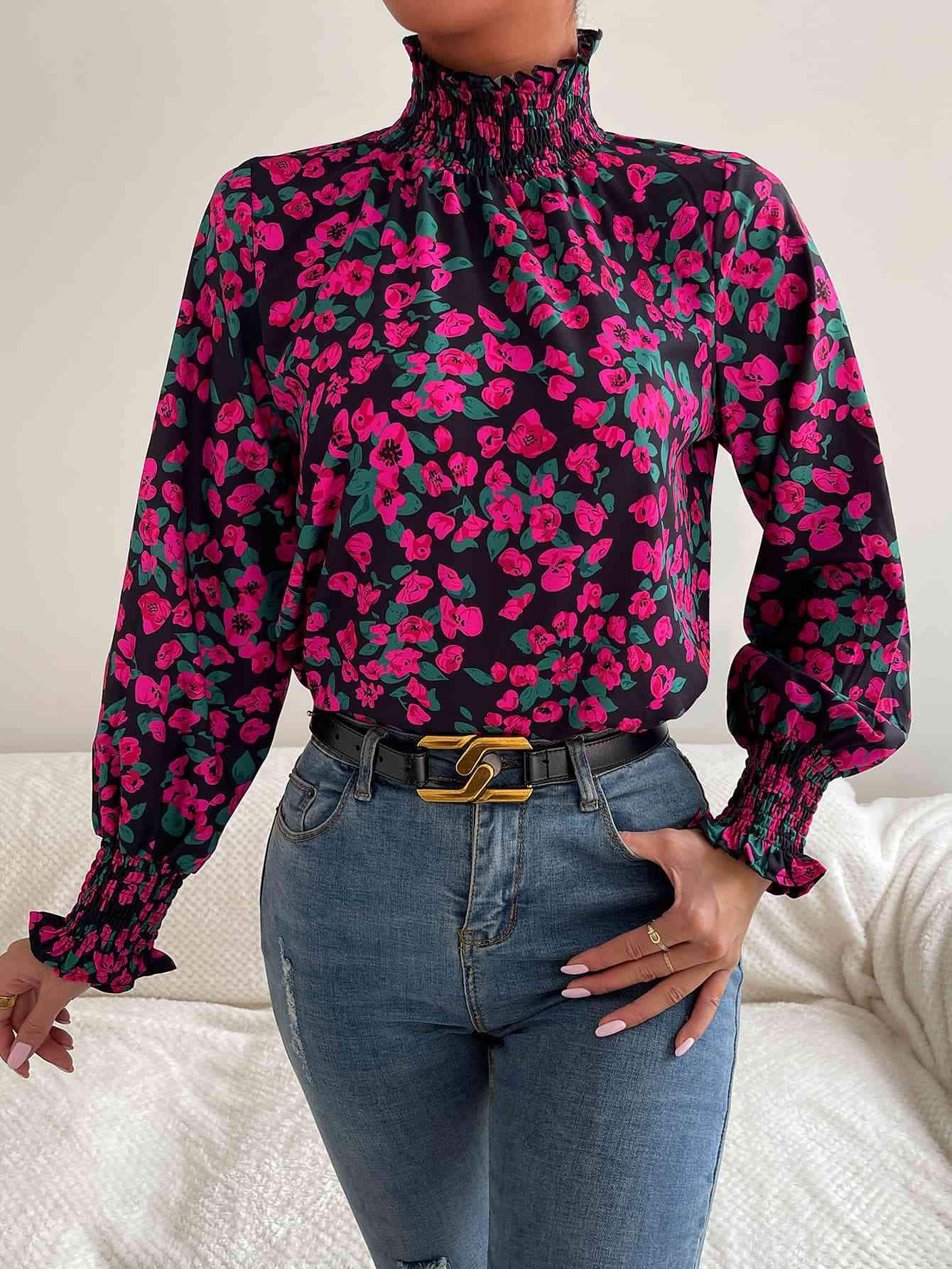 Floral Smocked Frill Neck Blouse Magenta Blouses - Tophatter Daily Deals