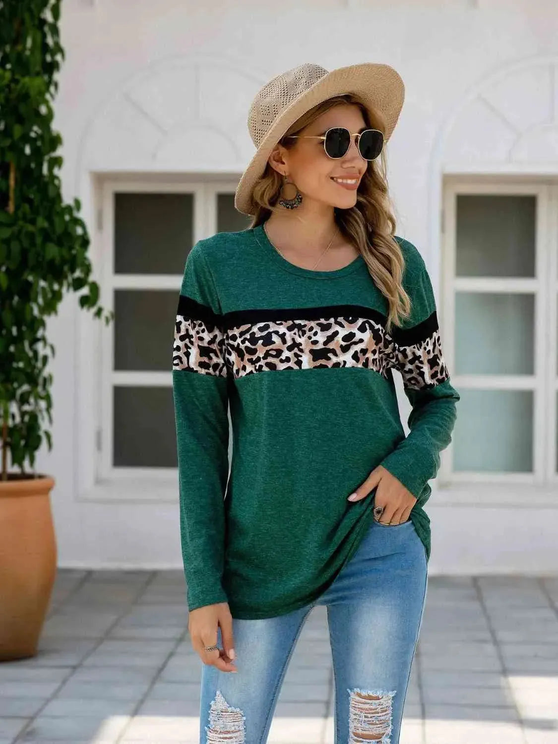 Leopard Round Neck Long Sleeve T-Shirt Women's T-Shirts - Tophatter Daily Deals