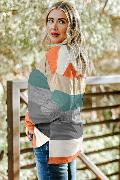 Plus Size Striped Slit Long Sleeve T-Shirt Women's T-Shirts - Tophatter Daily Deals