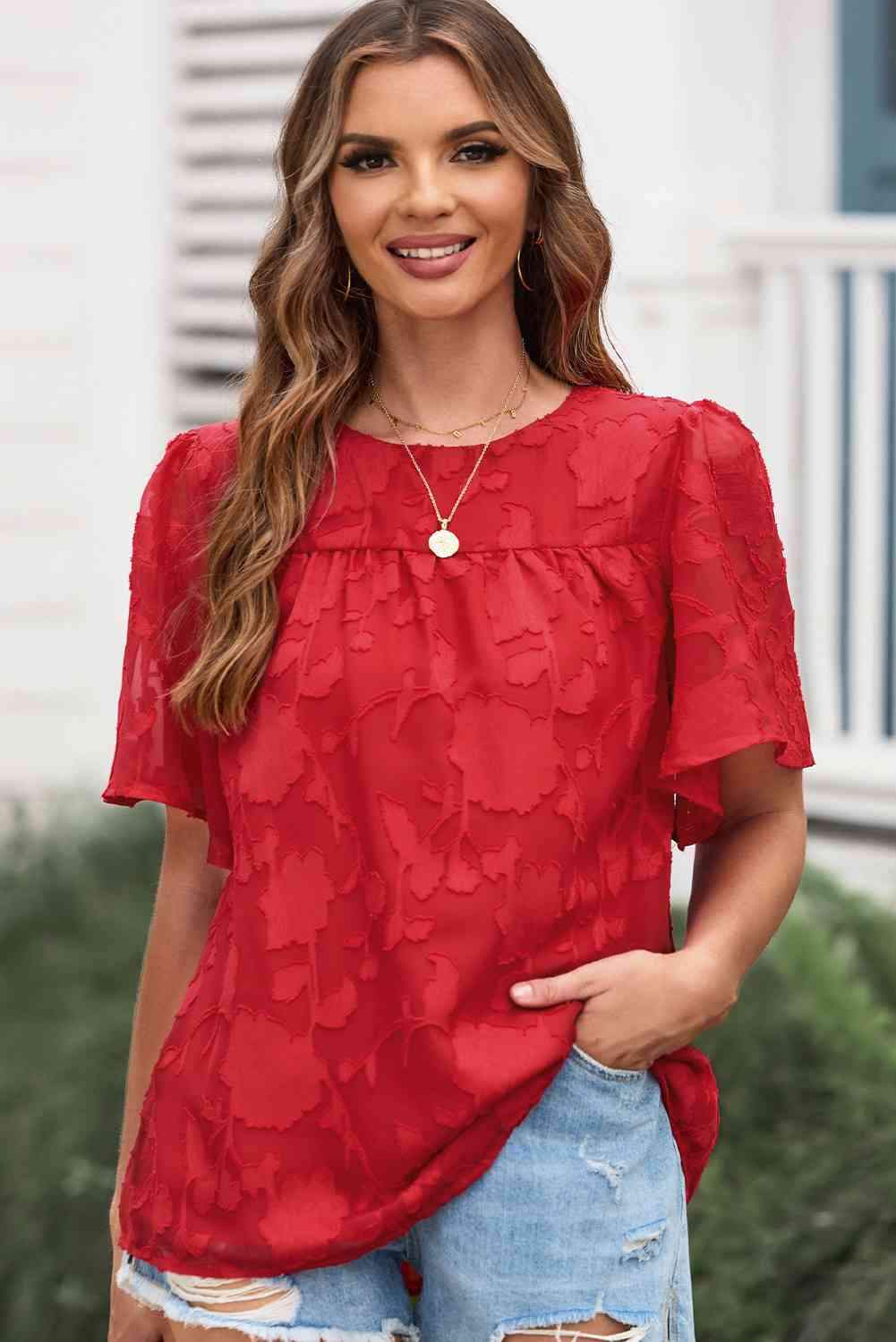 Round Neck Puff Sleeve Blouse Deep Red Blouses - Tophatter Daily Deals