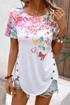 Floral Round Neck Buttoned Hem Detail Top White Blouses - Tophatter Daily Deals