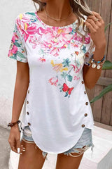Floral Round Neck Buttoned Hem Detail Top White Blouses - Tophatter Daily Deals