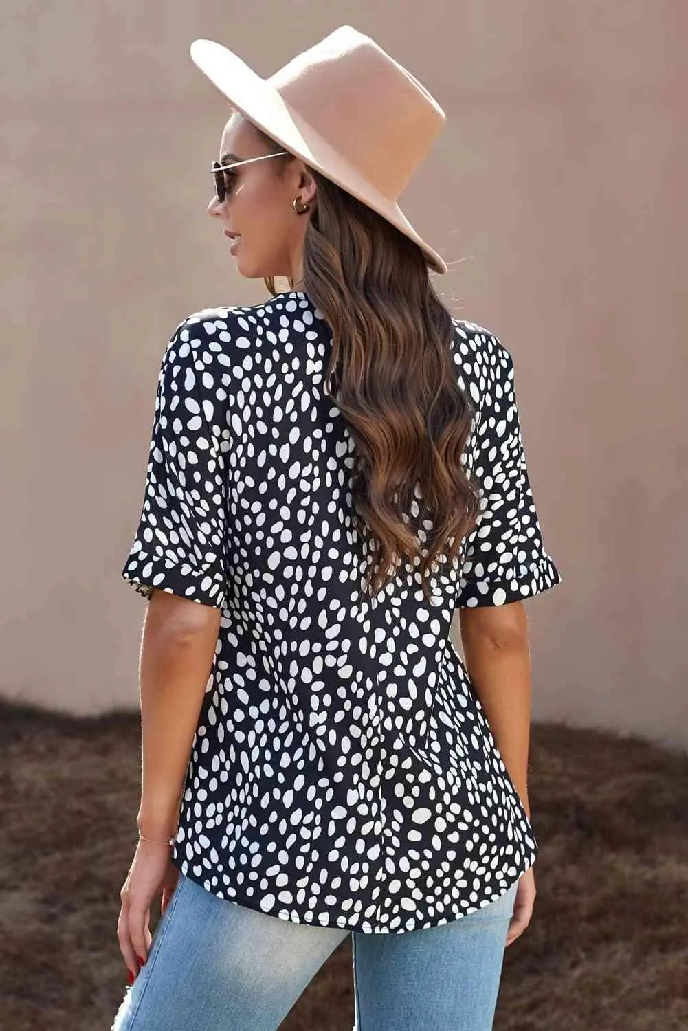 Printed V-Neck Cuffed Tunic Top Blouses - Tophatter Daily Deals