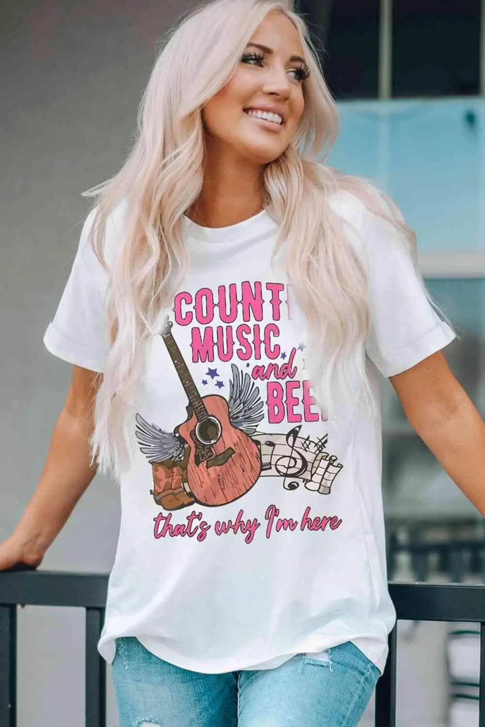 COUNTRY MUSIC & BEER Round Neck Tee White Women's T-Shirts - Tophatter Daily Deals