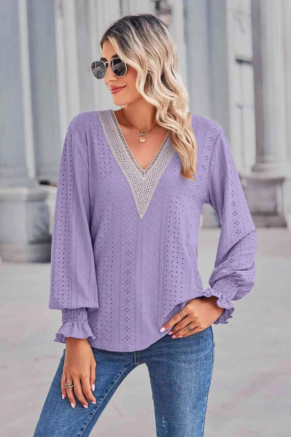 Contrast V-Neck Flounce Sleeve Top Blouses - Tophatter Daily Deals