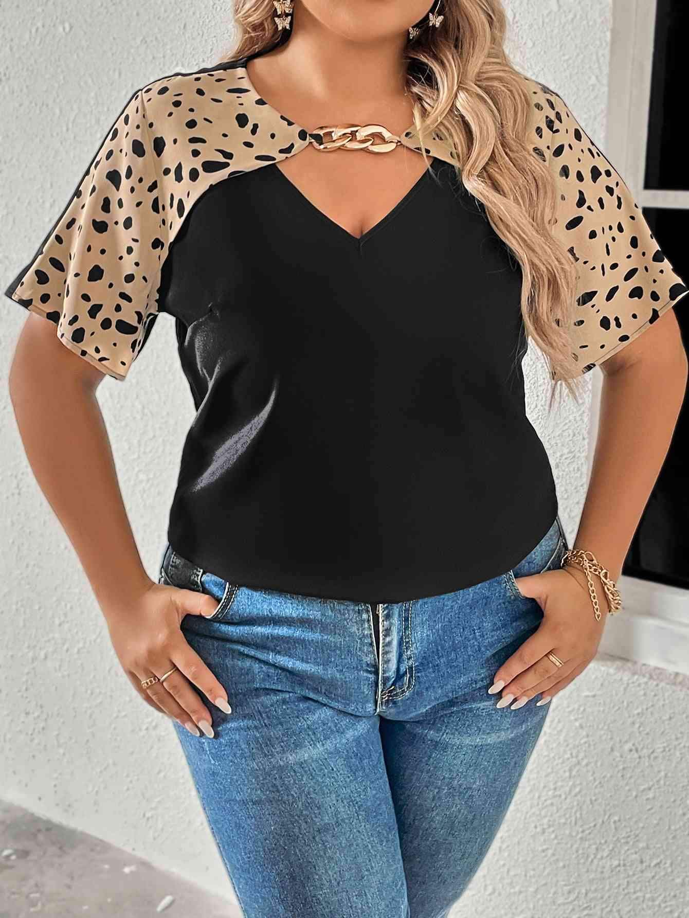 Plus Size Chain Detail V-Neck Raglan Sleeve Blouse Blouses - Tophatter Daily Deals