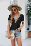 Contrast V-Neck Puff Sleeve Top Blouses - Tophatter Daily Deals