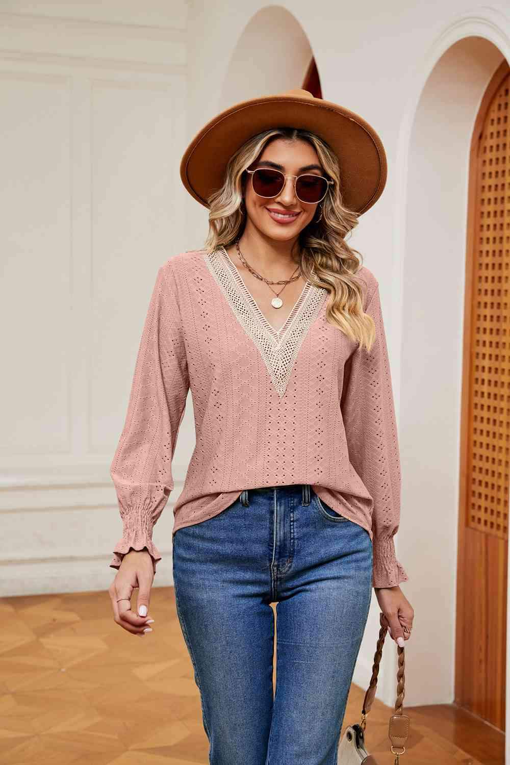 Contrast Flounce Sleeve Blouse Blouses - Tophatter Daily Deals