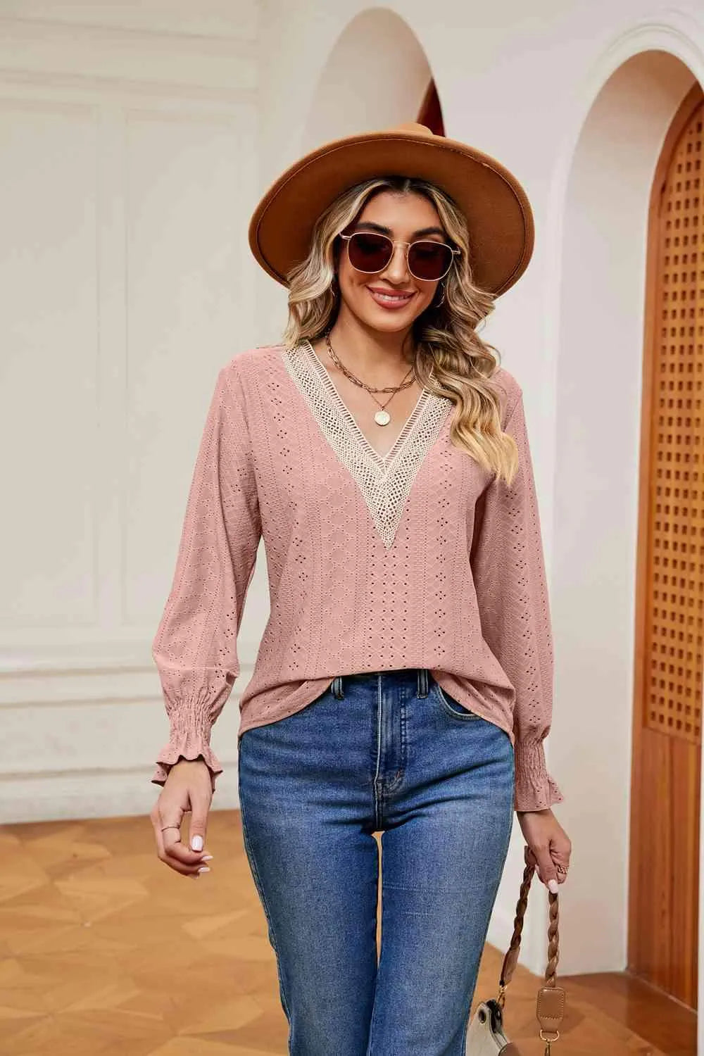 Contrast Flounce Sleeve Blouse Blouses - Tophatter Daily Deals