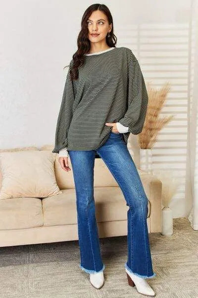 And The Why Oversized Striped Contrast T-Shirt Blouses - Tophatter Daily Deals