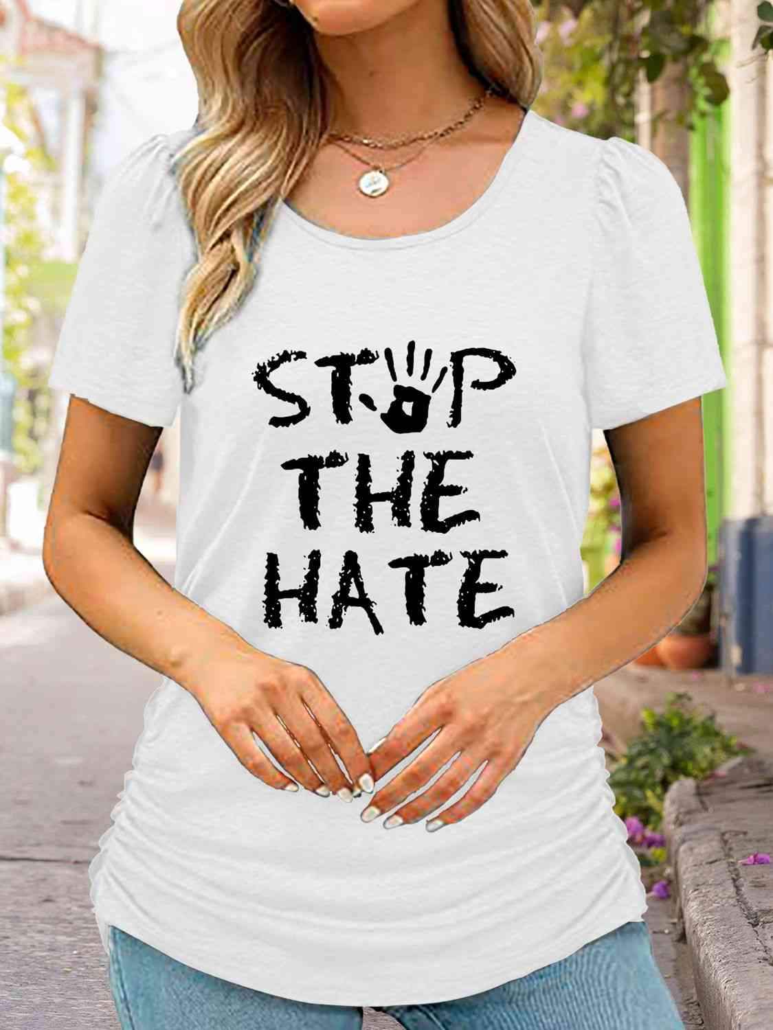 Round Neck Short Sleeve STOP THE HATE Graphic T-Shirt White Women's T-Shirts - Tophatter Daily Deals