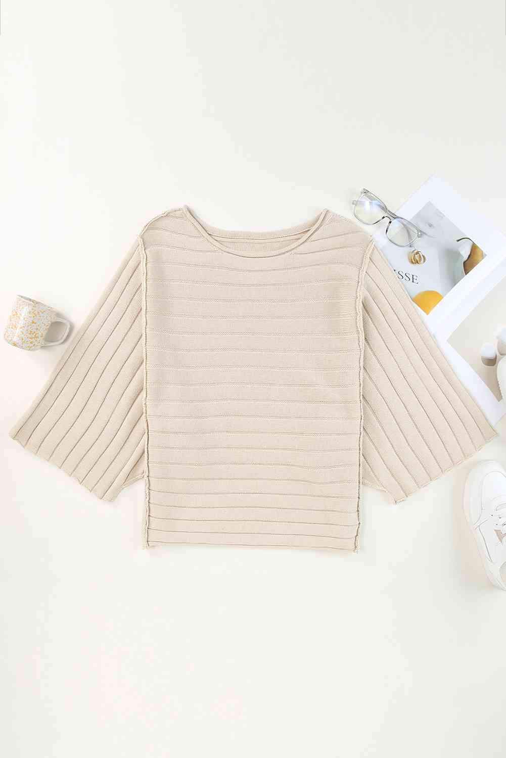 Round Neck Exposed Seams Pullover Top Beige Blouses - Tophatter Daily Deals