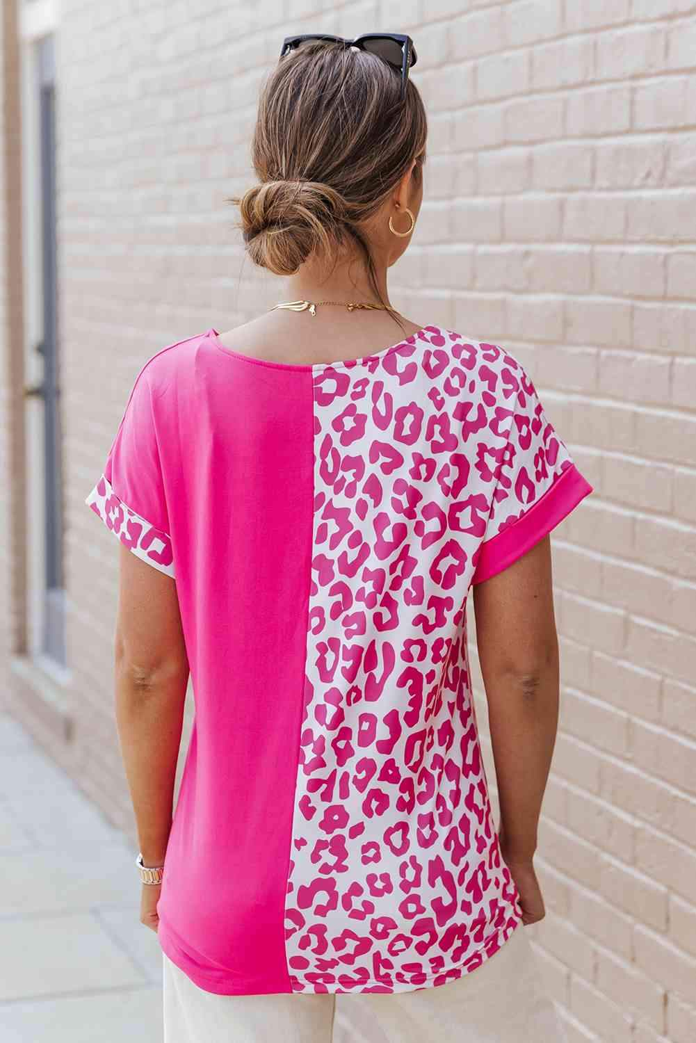 Leopard Two-Tone Round Neck Tee Women's T-Shirts - Tophatter Daily Deals