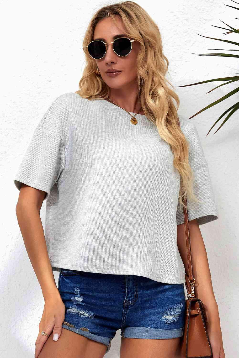 Round Neck Dropped Shoulder Tee Women's T-Shirts - Tophatter Daily Deals