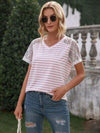 Lace Detail Striped V-Neck T-Shirt Blush Pink Women's T-Shirts - Tophatter Daily Deals