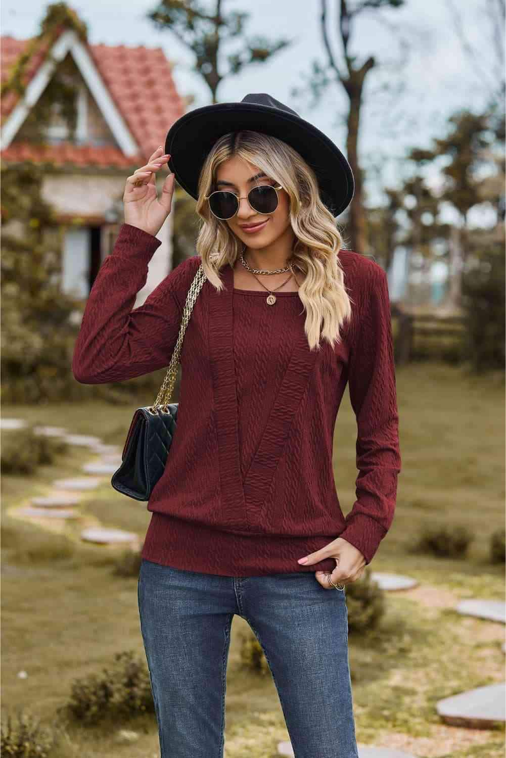 Square Neck Long Sleeve Blouse Wine Blouses - Tophatter Daily Deals