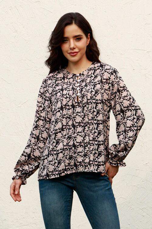 Floral Flounce Sleeve Round Neck Blouse Black Blouses - Tophatter Daily Deals