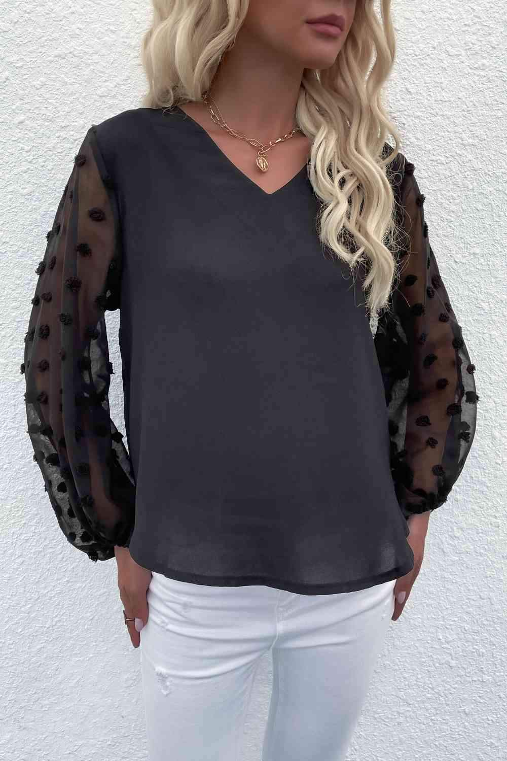 Swiss Dot Sleeve V-Neck Top Black Blouses - Tophatter Daily Deals