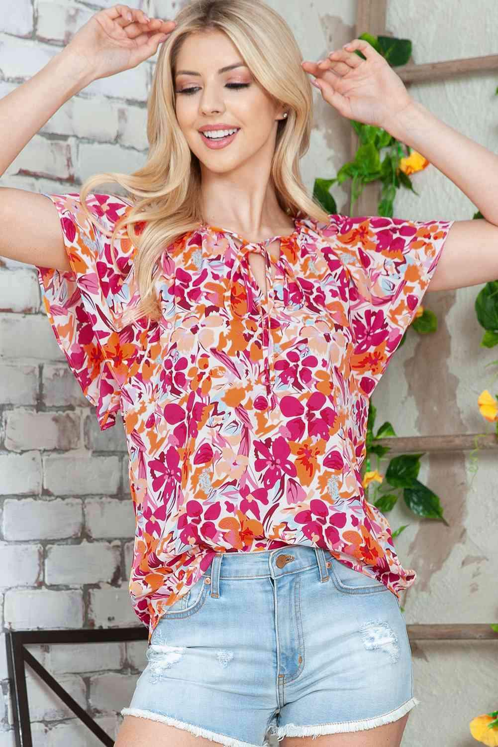 Floral Tie Neck Flutter Sleeve Blouse Blouses - Tophatter Daily Deals