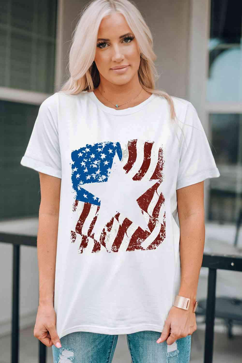 US Flag Graphic Round Neck Tee Women's T-Shirts - Tophatter Daily Deals