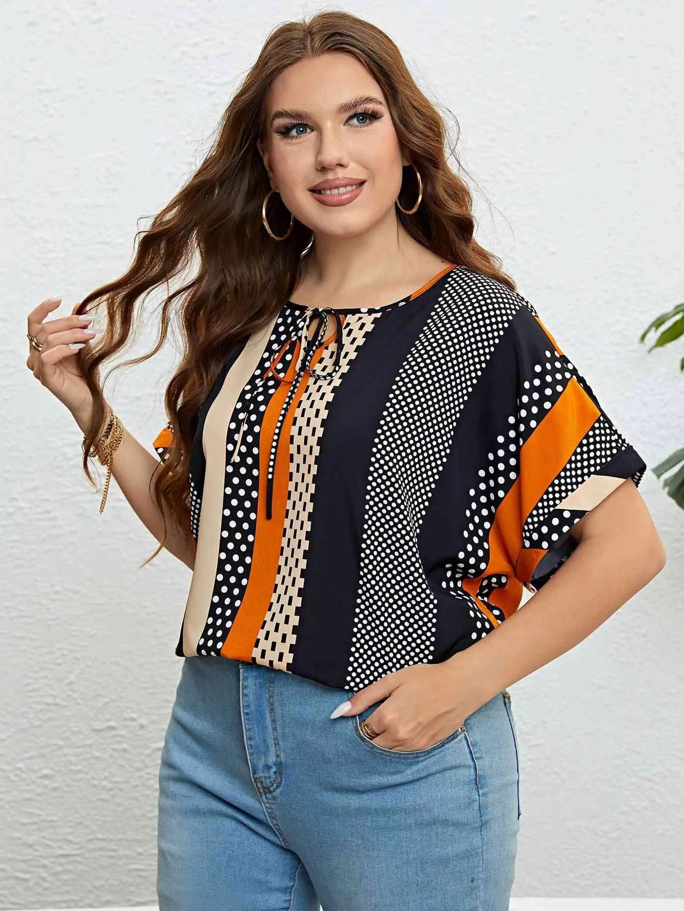 Striped Tie Neck Blouse Blouses - Tophatter Daily Deals