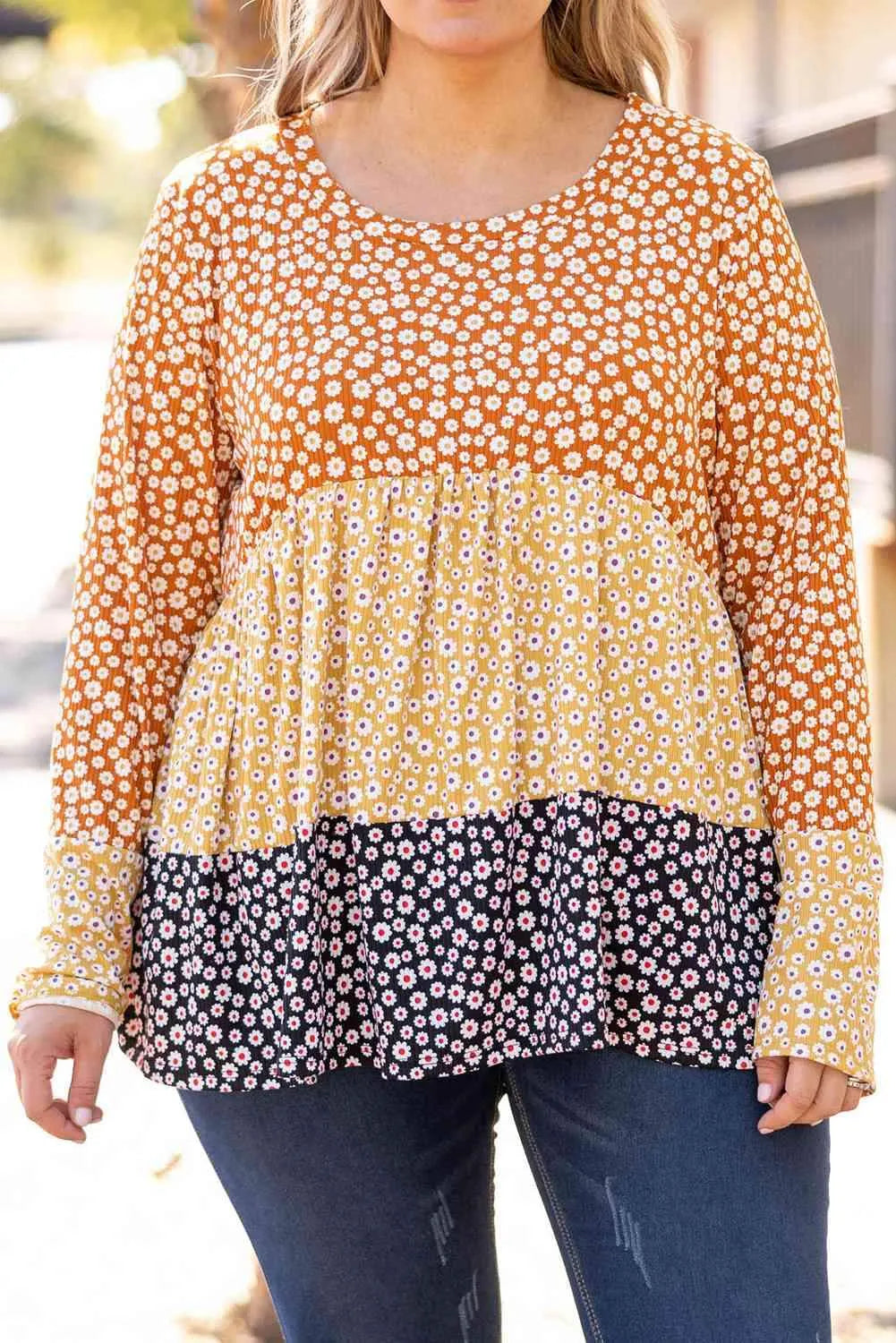 Plus Size Floral Color Block Babydoll Top Orange Blouses - Tophatter Daily Deals