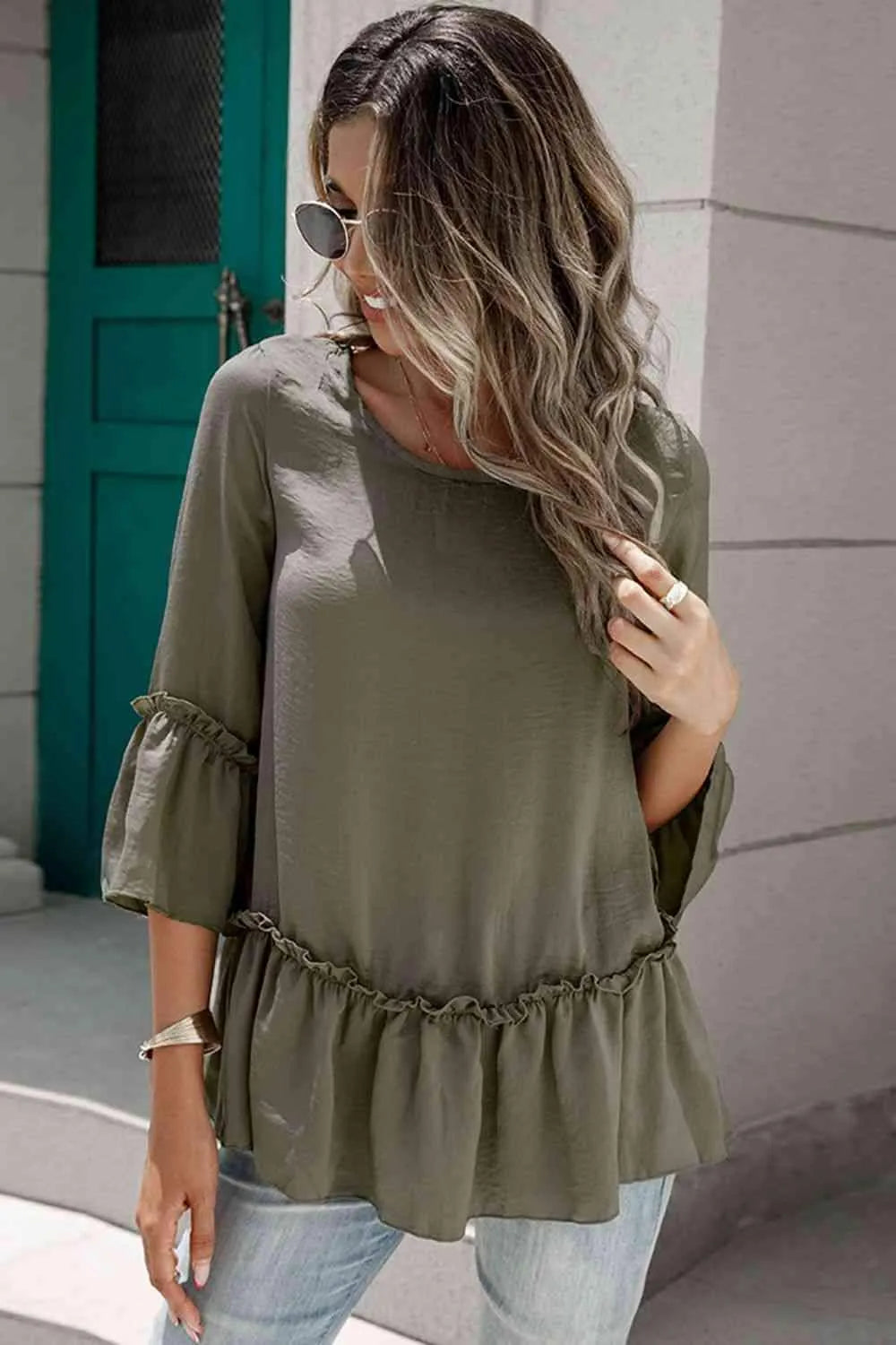 Frill Trim Round Neck Blouse Blouses - Tophatter Daily Deals