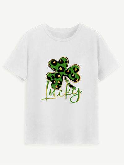 Lucky Clover Round Neck Short Sleeve T-Shirt White Women's T-Shirts - Tophatter Daily Deals