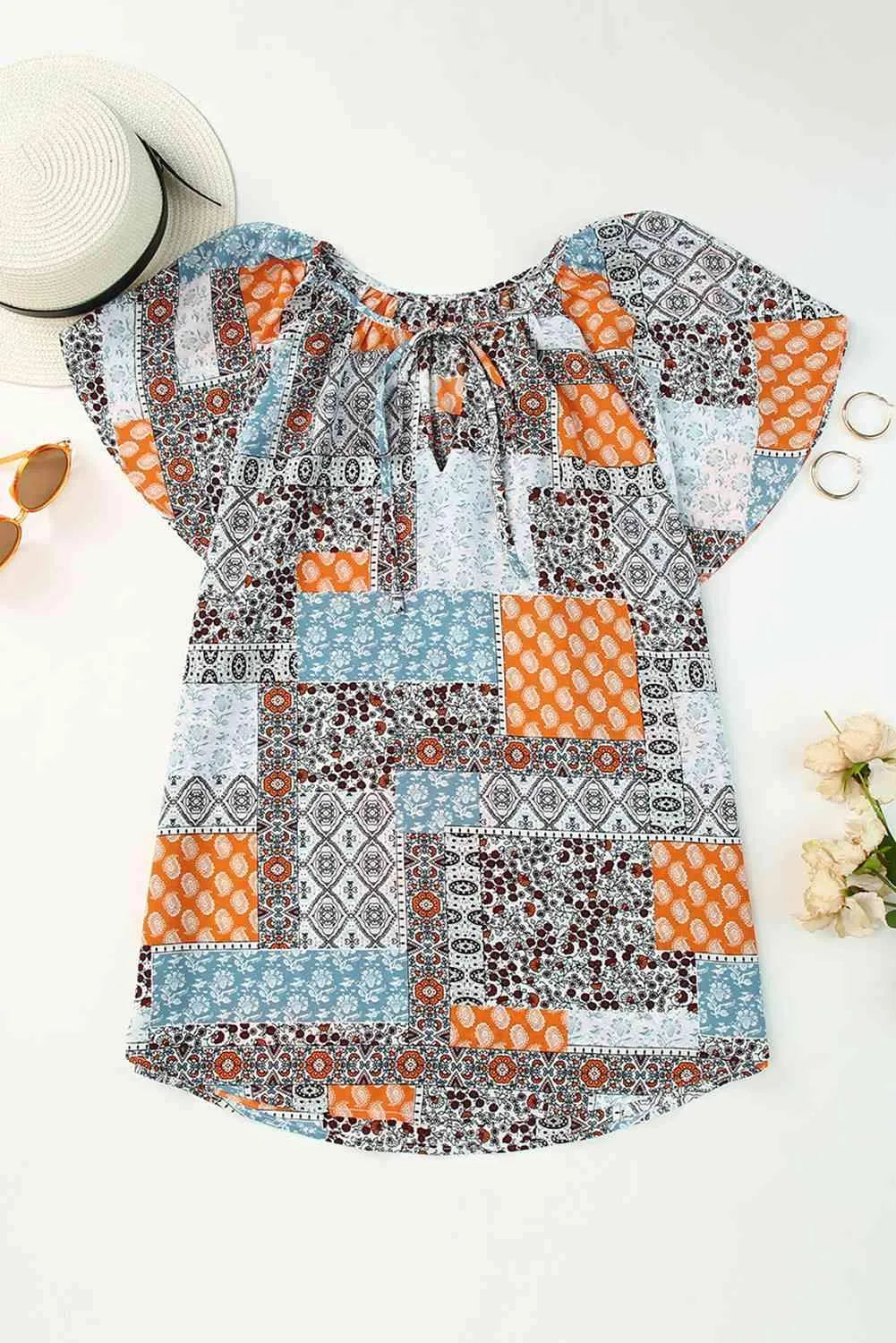 Printed Tie Neck Curved Hem Top Blouses - Tophatter Daily Deals