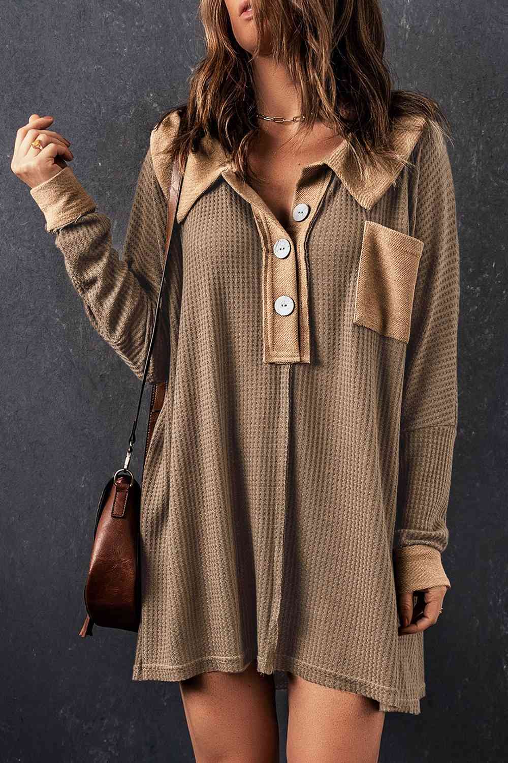 Waffle Knit Buttoned Long Sleeve Top with Breast Pocket - Tophatter Deals