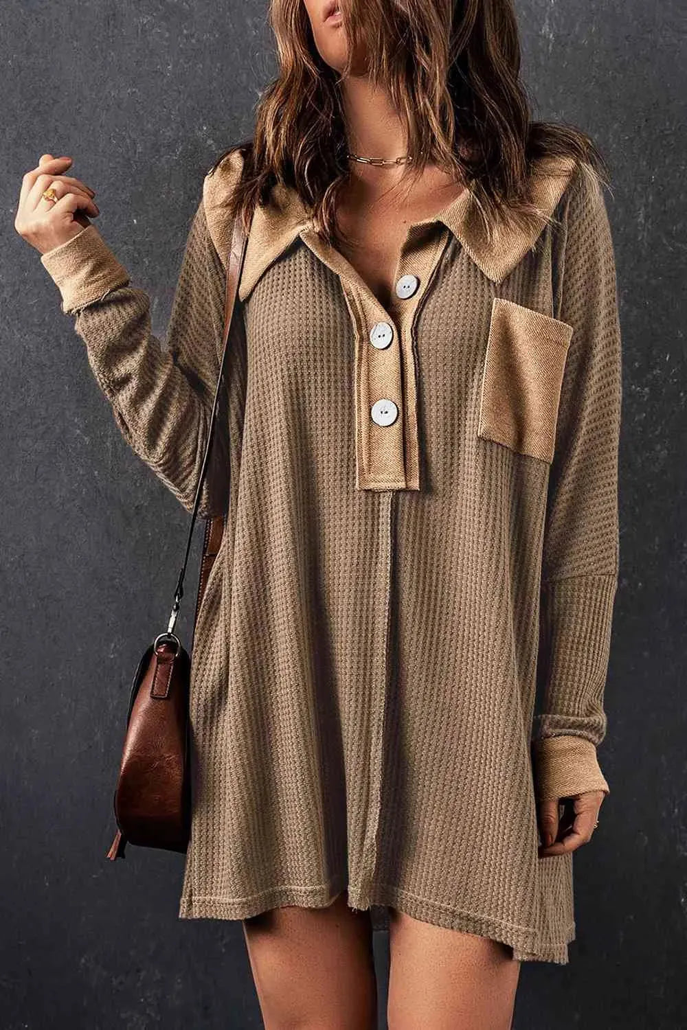 Waffle Knit Buttoned Long Sleeve Top with Breast Pocket Brown Blouses - Tophatter Daily Deals