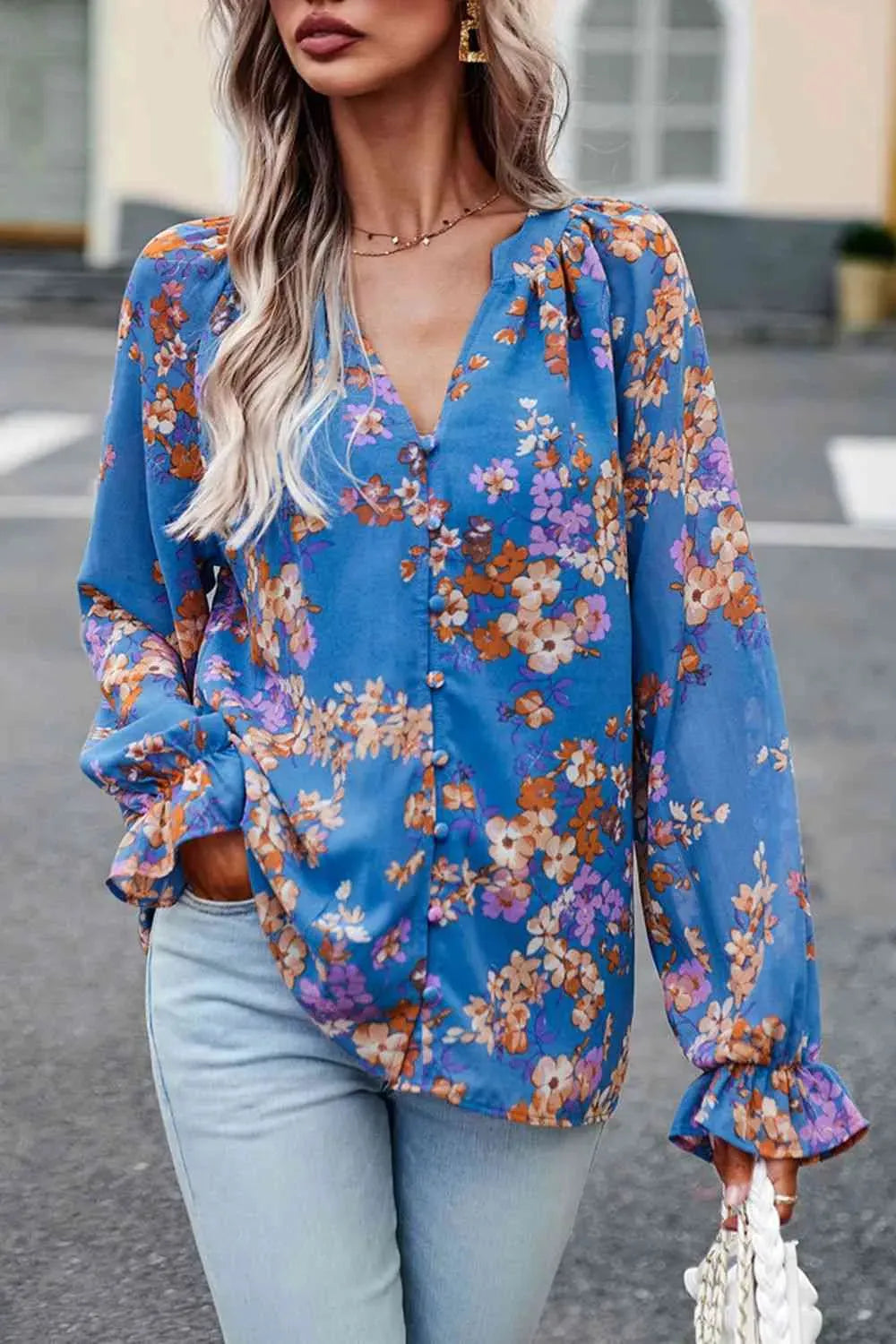 Floral Print Flounce Sleeve Blouse Blouses - Tophatter Daily Deals