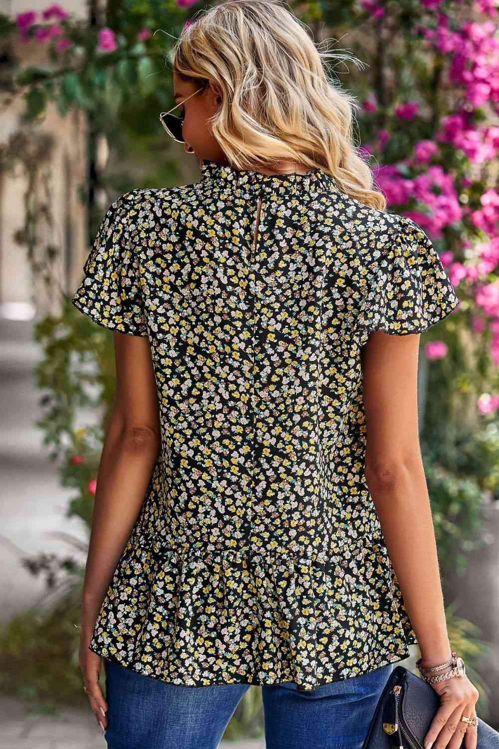 Floral Short Sleeve Peplum Top Blouses - Tophatter Daily Deals