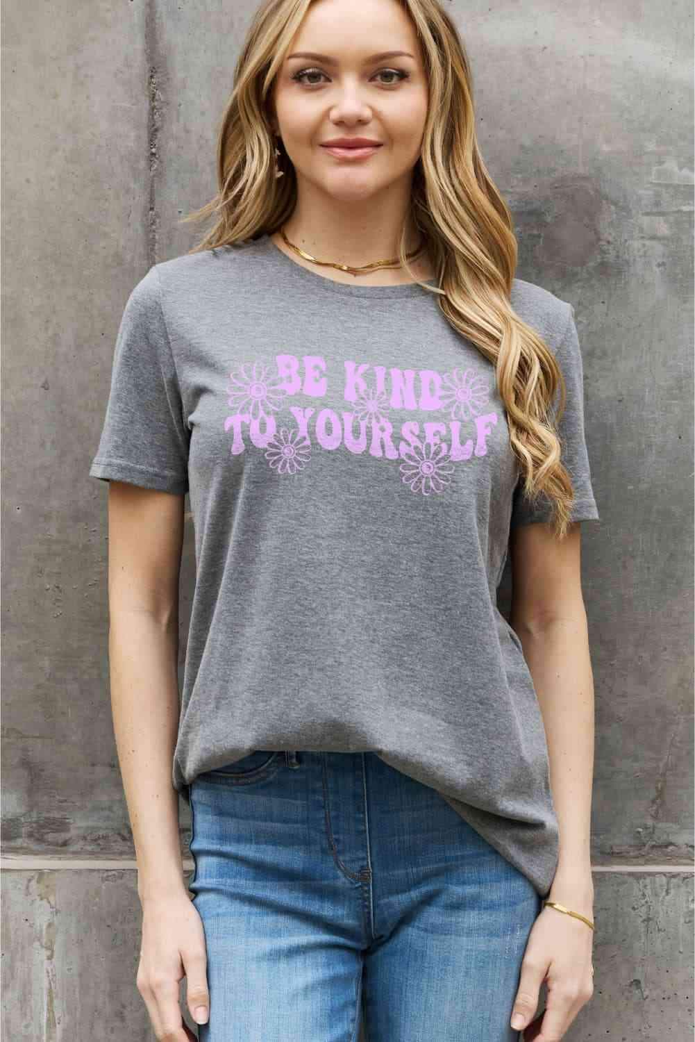 Simply Love Full Size BE KIND TO YOURSELF Flower Graphic Cotton Tee Charcoal Women's T-Shirts - Tophatter Daily Deals