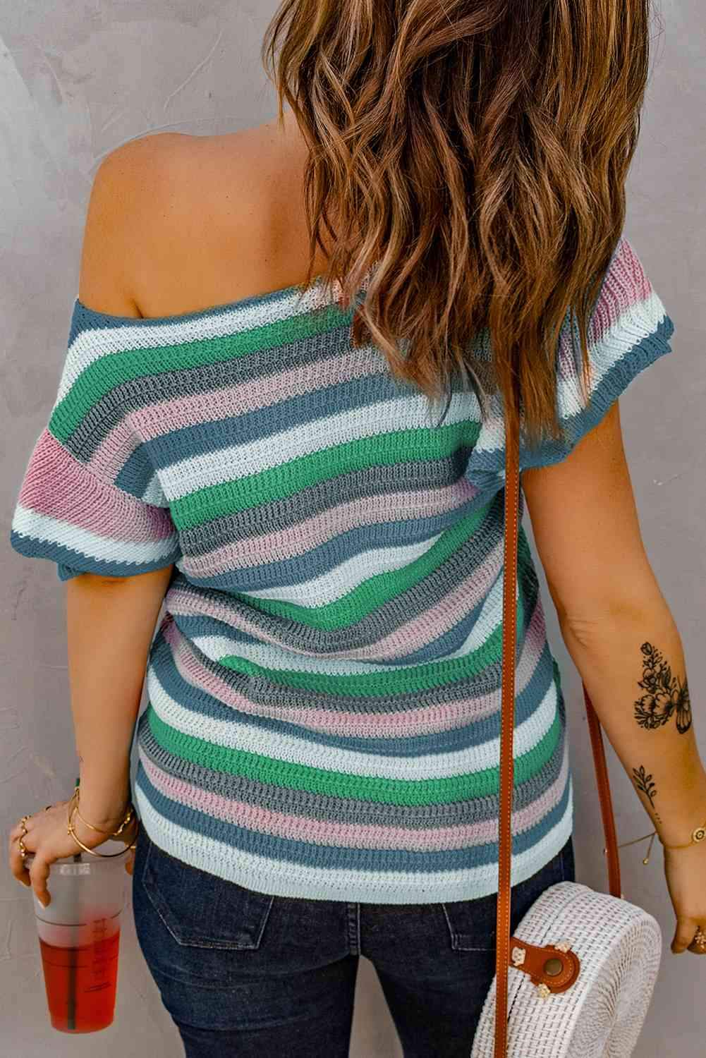 Striped Short Flutter Sleeve Knit Top Blouses - Tophatter Daily Deals