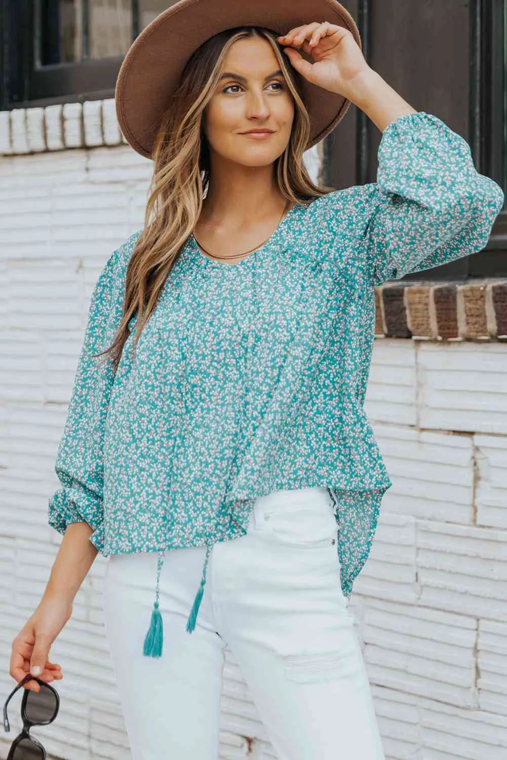 Ditsy Floral Tassel Tie High-Low Blouse Blouses - Tophatter Daily Deals