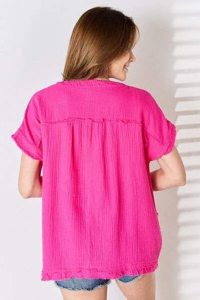 Zenana Full Size Raw Hem Short Sleeve Top Blouses - Tophatter Daily Deals