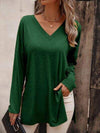 V-Neck Slit Long Sleeve T-Shirt Green Women's T-Shirts - Tophatter Daily Deals