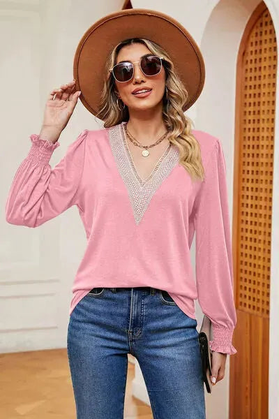 Lace Detail V-Neck Lantern Sleeve T-Shirt Women's T-Shirts - Tophatter Daily Deals