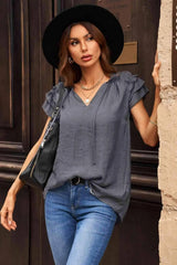 Tie-Neck Flutter Sleeve Blouse Blouses - Tophatter Daily Deals