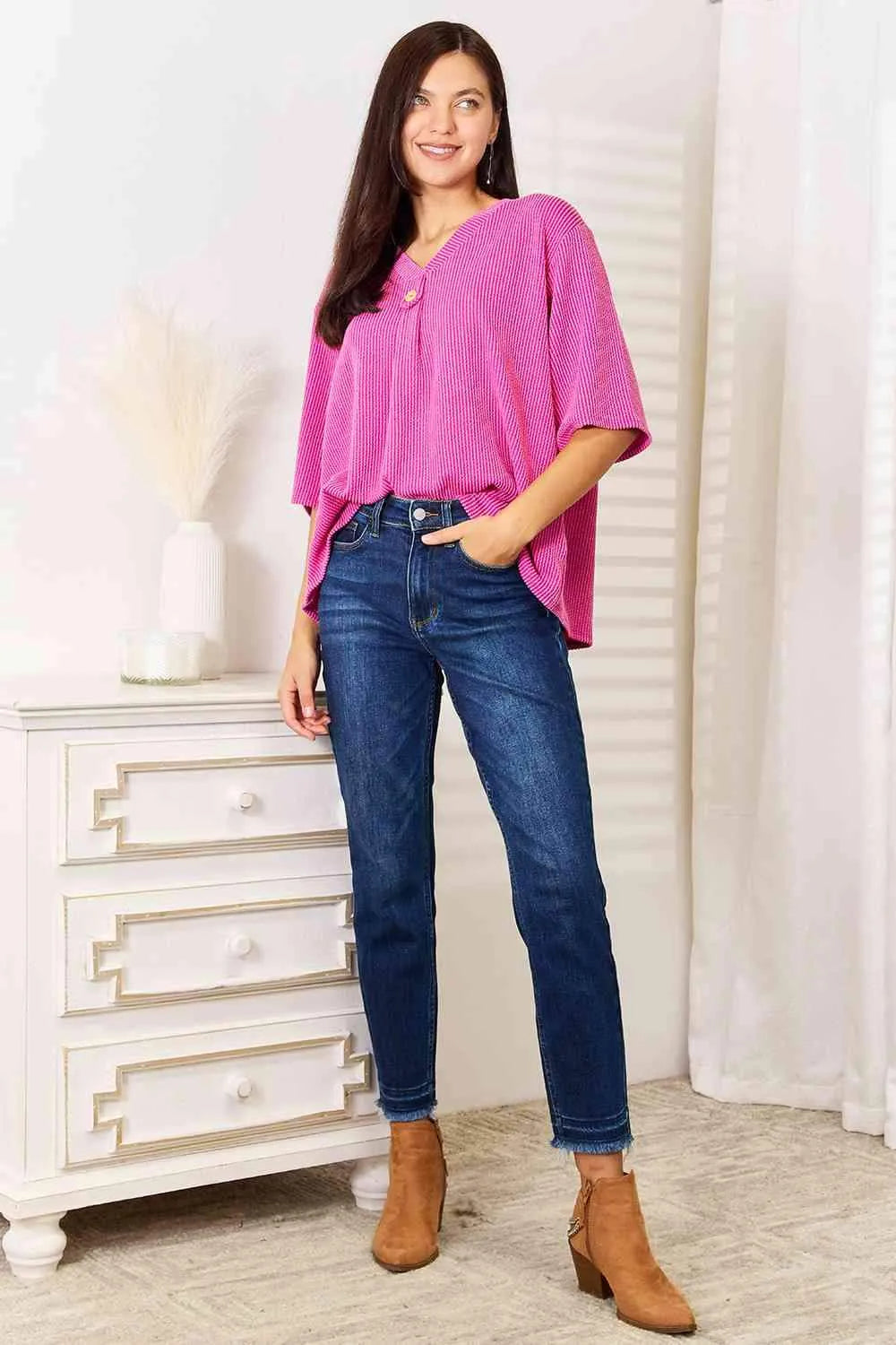 Sew In Love Full Size Ribbed V-Neck Short Sleeve Top Blouses - Tophatter Daily Deals