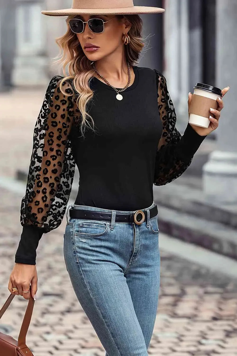 Round Neck Lantern Sleeve Blouse Blouses - Tophatter Daily Deals