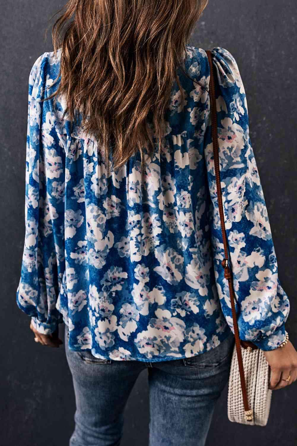 Floral Balloon Sleeve Round Neck Blouse Blouses - Tophatter Daily Deals