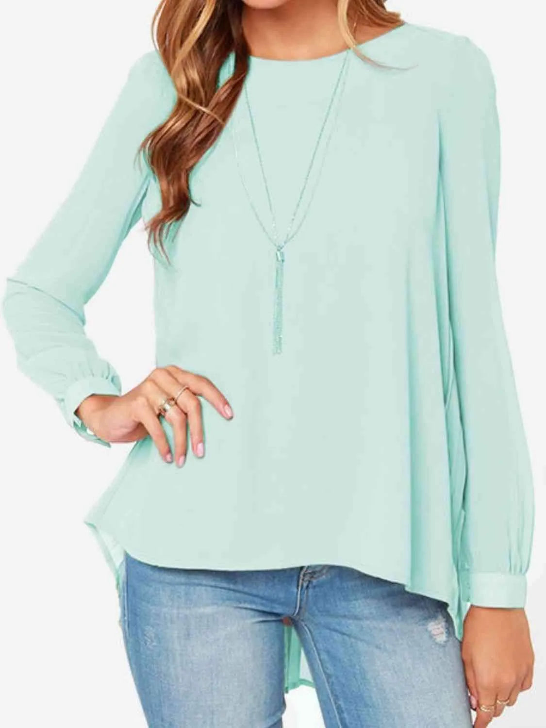 Full Size Round Neck Back Pleated Blouse Blouses - Tophatter Daily Deals