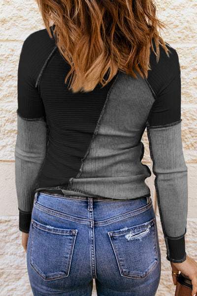 Color Block Round Neck Long Sleeve T-Shirt Women's T-Shirts - Tophatter Daily Deals