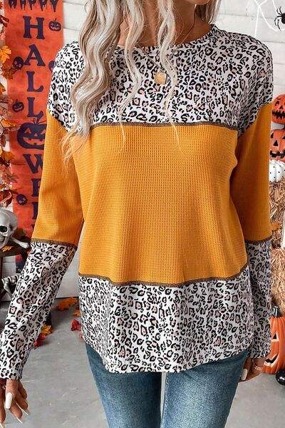 Leopard Waffle-knit Long Sleeve T-Shirt Women's T-Shirts - Tophatter Daily Deals